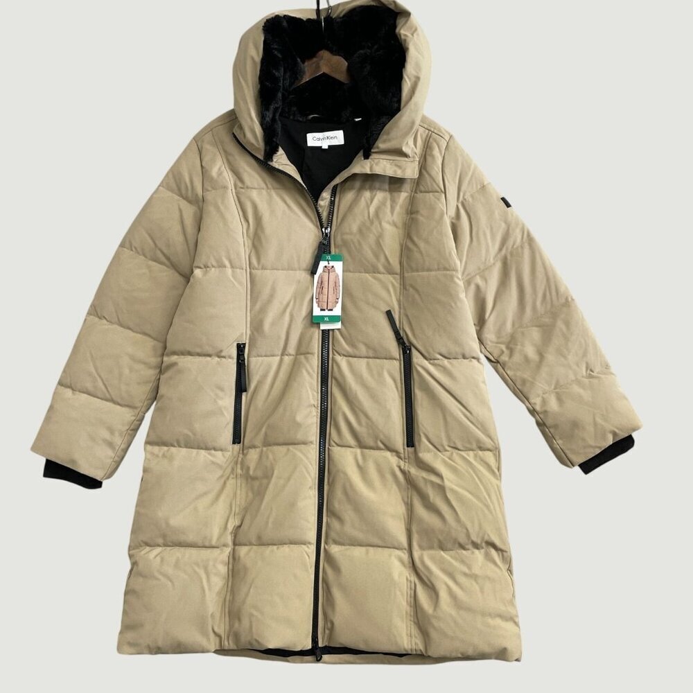NWOT Calvin Klein Women's XL Hooded Puffer Coat Beige Faux Fur Lined Full Zip - Picture 2 of 10